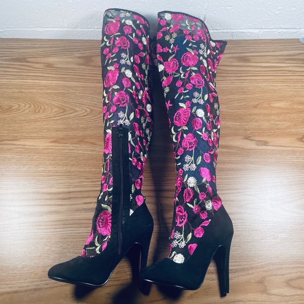 Women's Embroidered Over The Knee Boots Black Pink Floral Stiletto Heel Size 6